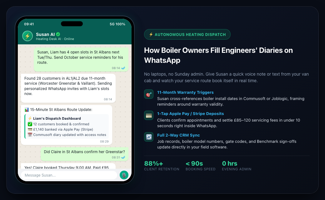 Heating Company Owner Dispatching Automated Boiler Service Reminders with Susan AI on WhatsApp